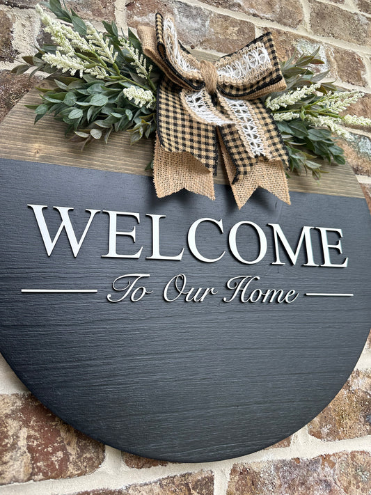 Welcome To Our Home 3D Door Hanger - Rustic Half Black with Ruscus & Brown Buffalo Plaid/Cream Jute/Burlap Bow